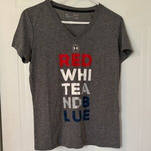 Under Armour Gray V-Neck Tee with Red, White And Blue Vertical Graphic